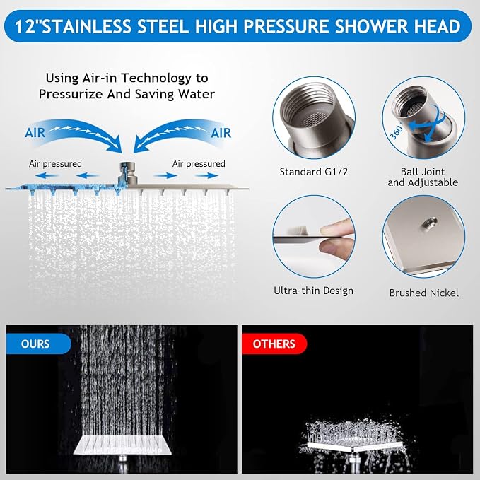 Shower Head Combo,12" Brushed Nickel High Pressure with 11" Extension Arm | Rain Shower Head with 5 Settings Handheld Shower Head Combo,Powerful Shower Spray Against Low Pressure Water
