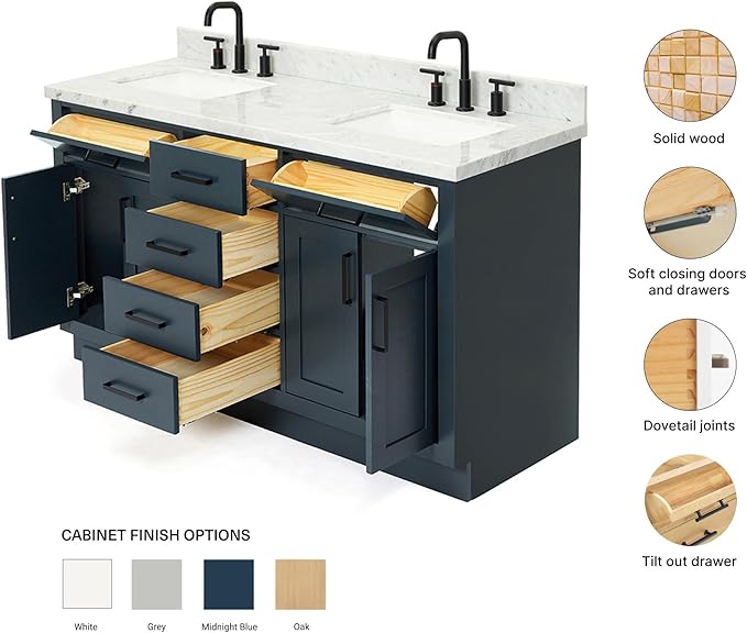 ARIEL Hepburn 60-inch Bathroom Vanity with Sink,Solid Wood, 1.5-inch Italian Carrara Marble Countertop, Double Rectangular Porcelain Sink, 4 Soft Closing Doors, 6 Dovetail Drawers, Midnight Blue
