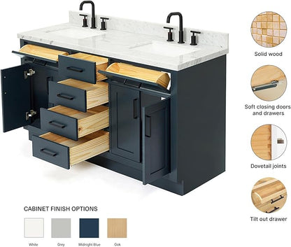 ARIEL Hepburn 60-inch Bathroom Vanity with Sink,Solid Wood, 1.5-inch Italian Carrara Marble Countertop, Double Rectangular Porcelain Sink, 4 Soft Closing Doors, 6 Dovetail Drawers, Midnight Blue