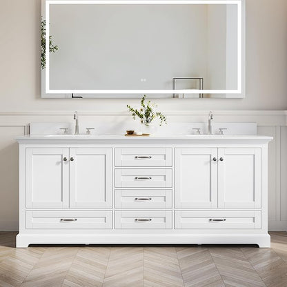 WELLFOR 80 Inch Bathroom Vanity with Double Sinks, Solid Wood Bathroom Vanity W/4 Soft-Close Doors and 6 Drawers, Cultured Marble Countertop Bathroom Vanities W/Sinks, White