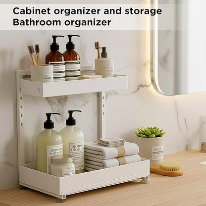 Under Sink Organizer Bathroom Kitchen: 2 Pack 2 Tier Metal Under Cabinet Storage with Height-adjustable Shelf and Pull out Rack for Pantry Vanity Cupboard Counter Countertop