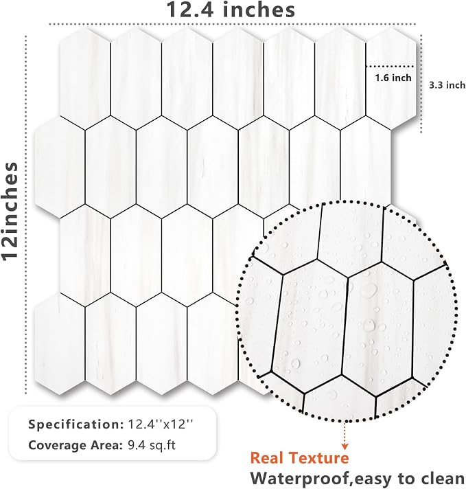 Vamos Tile Long Hexagon Peel and Stick Backsplash Tile - 10 Sheets Stick on Backsplash for Kitchen and Bathroom 12.4 x 12 Inch Dolomite Marble Look PVC Self Adhesive Mosaic Wall Tiles