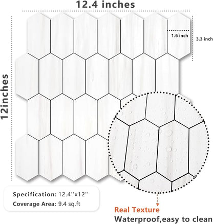 Vamos Tile Long Hexagon Peel and Stick Backsplash Tile - 10 Sheets Stick on Backsplash for Kitchen and Bathroom 12.4 x 12 Inch Dolomite Marble Look PVC Self Adhesive Mosaic Wall Tiles