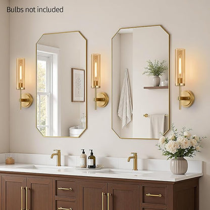 MOKATNG Hardwired Wall Sconces Set of Two, Brushed Gold Bathroom Sconces with Amber Glass, Modern Wall Light Fixtures for Bathroom Mirror Vanity, Living Room, Hallway, Stairway, Cabinet, Foyer
