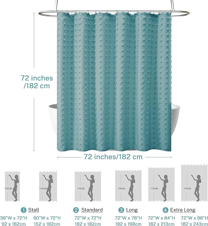 Boho Teal Shower Curtain Woven Fabric Shower Curtain, 72 x 72 Tufted Pleat Floral Puffs Textured Modern Farmhouse Minimalist Shower Curtain Set with Hooks for Bathroom