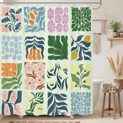 JAWO Retro Shower Curtain Vintage Abstract Boho Floral Shower Curtains for Bathroom Decor Green Teal Botanical Geometric Groovy Aesthetic Pattern Shower Curtain Sets with Hooks, 70X70IN
