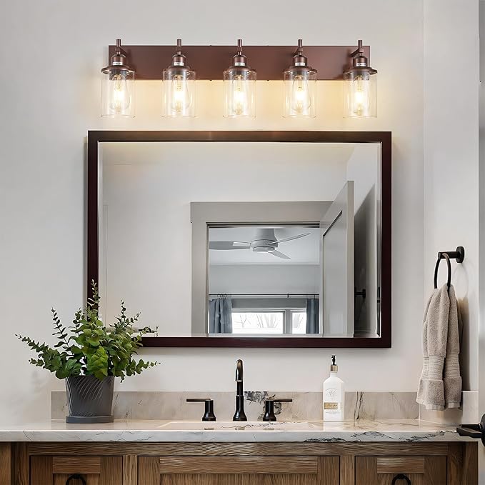 5-Light Bronze Bathroom Light Fixtures Over Mirror,Modern Bathroom Vanity Light with Clear Glass Shade, Wall Sconce for Bathroom Hallway Cabinet Bedroom Kitchen Living Room Foyer E26 Base