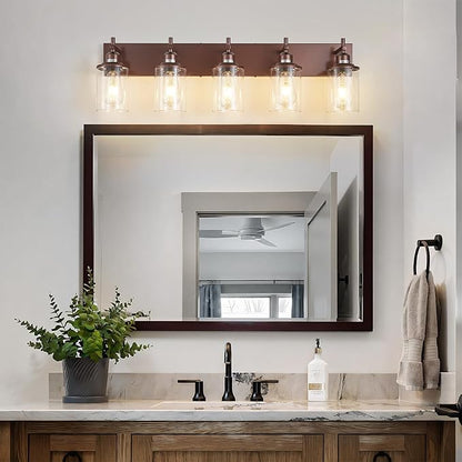 5-Light Bronze Bathroom Light Fixtures Over Mirror,Modern Bathroom Vanity Light with Clear Glass Shade, Wall Sconce for Bathroom Hallway Cabinet Bedroom Kitchen Living Room Foyer E26 Base