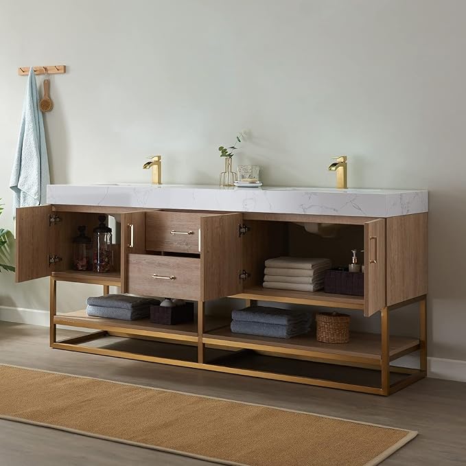 Vinnova Alistair 72" Double Sink Bathroom Vanity in North American Oak, Pre-assembled, with White Grain Stone Countertop Without Mirror