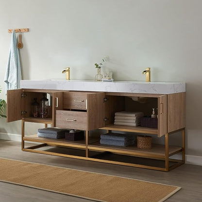 Vinnova Alistair 72" Double Sink Bathroom Vanity in North American Oak, Pre-assembled, with White Grain Stone Countertop Without Mirror