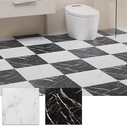 Peel and Stick Floor Tile, 30 PCS 12" x 12" Checkered Waterproof Marble Texture Luxury Vinyl Tiles, Easy DIY Self Adhesive Vinyl Flooring for Bathroom, Kitchen, Living Room, Black/White