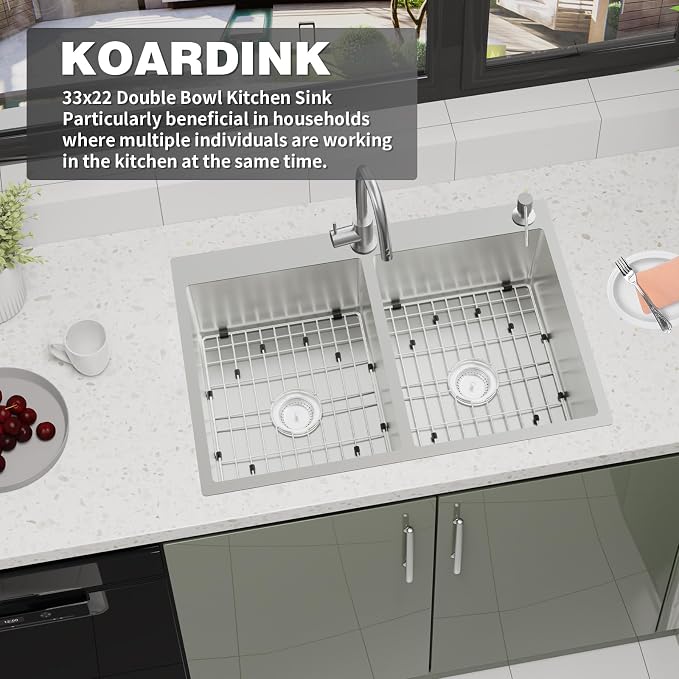 33x22In Drop-in Kitchen Sink, Stainless Steel,50/50 Equal Double Bowl | Modern Topmount Kitchen Sink Combo, Include SS Grid,Silicon Mat,Drain Assembly Set, Compatibility With Various Kitchen Style