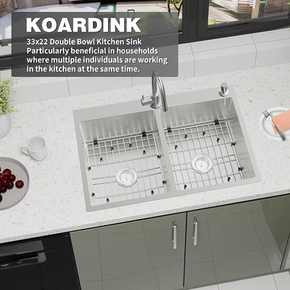 33x22In Drop-in Kitchen Sink, Stainless Steel,50/50 Equal Double Bowl | Modern Topmount Kitchen Sink Combo, Include SS Grid,Silicon Mat,Drain Assembly Set, Compatibility With Various Kitchen Style