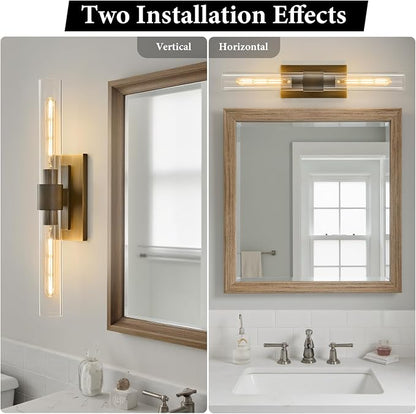 Linear Brass Bathroom Wall Sconce: Set of 2 Antique Modern Vanity Lights | Luxury Dimmable Brushed Gold Sconces, Clear Glass Tube Minimalist Light Fixture for Bedroom Living Room Hallway Indoor Decor