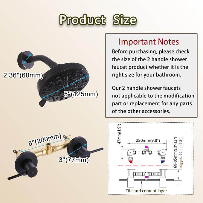 Matte Black 2 Handle Shower faucet Set, 8 Mode Shower Head Bathroom Shower Faucet Trim Kit with Rough-in Valve, Wall Mount