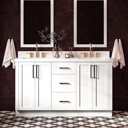 ARIEL Loren 60-inch Bathroom Vanity with Sink,Solid Wood, 1.5-inch Pure White Quartz Countertop, Double Rectangular Porcelain Sink, 4 Soft Closing Doors, 3 Dovetail Drawers, White