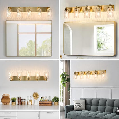 6 Light Bathroom Vanity Light Modern Brushed Gold Bathroom Light Fixtures Over Mirror with Hammered Glass Lampshade for Kitchen Hallway
