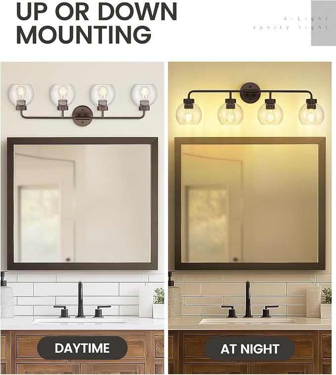 zeyu Oil Rubbed Bronze 32-Inch 4-Light Bathroom Vanity Light, ZS62BG-4W ORB | Bathroom Lights Fixtures Over Mirror, Hardwired, ETL Listed, Up/Down Mount, Clear Globe Glass Shades, For Bathroom Mirror