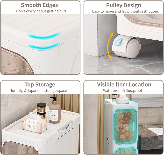 4 Tier Slim Bathroom Storage Cabinet, Foldable and Movable, Beige | Tools Free, ABS and PET, Magnetic Clear Door, Adjustable Shelves, Lockable Wheels, Water Resistant, For Narrow Space