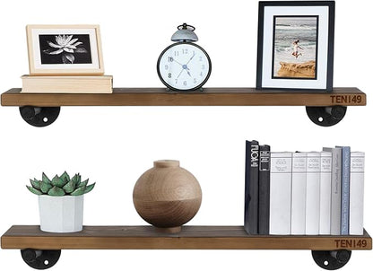 TEN49 Real Wood Rustic Floating Shelves Wall - 24 Wide Small Wooden Industrial Pipe Shelving - Farmhouse Pipe Wall Shelves Furniture Bathroom Decor Art Shelf Kitchen - Dark Espresso Color - Set of 2
