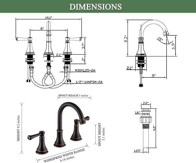 Oil Rubbed Bronze 8 inch Widespread Bathroom Sink Faucet 3 Holes with Pop-Up Drain, 2 Handle Modern Bathroom/Vanity/Lavatory Faucet with Brass 360° Swivel Spout, TAF830Y-ORB