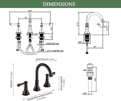 Oil Rubbed Bronze 8 inch Widespread Bathroom Sink Faucet 3 Holes with Pop-Up Drain, 2 Handle Modern Bathroom/Vanity/Lavatory Faucet with Brass 360° Swivel Spout, TAF830Y-ORB
