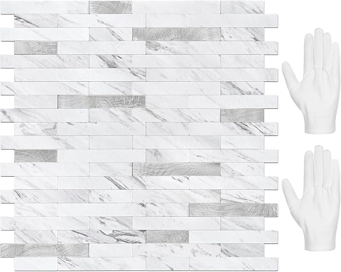 STICKGOO Peel and Stick Backsplash Tile, Stick on Backsplash for Kitchen and Bathroom, Volakas White Look PVC Mixed Metal Silver Self Adhesive Wall Tiles(20 Sheets)