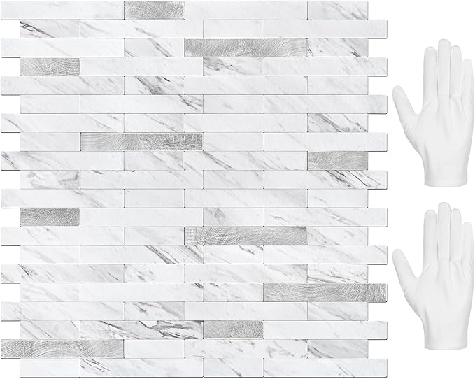 STICKGOO Peel and Stick Backsplash Tile, Stick on Backsplash for Kitchen and Bathroom, Volakas White Look PVC Mixed Metal Silver Self Adhesive Wall Tiles(10 Sheets)