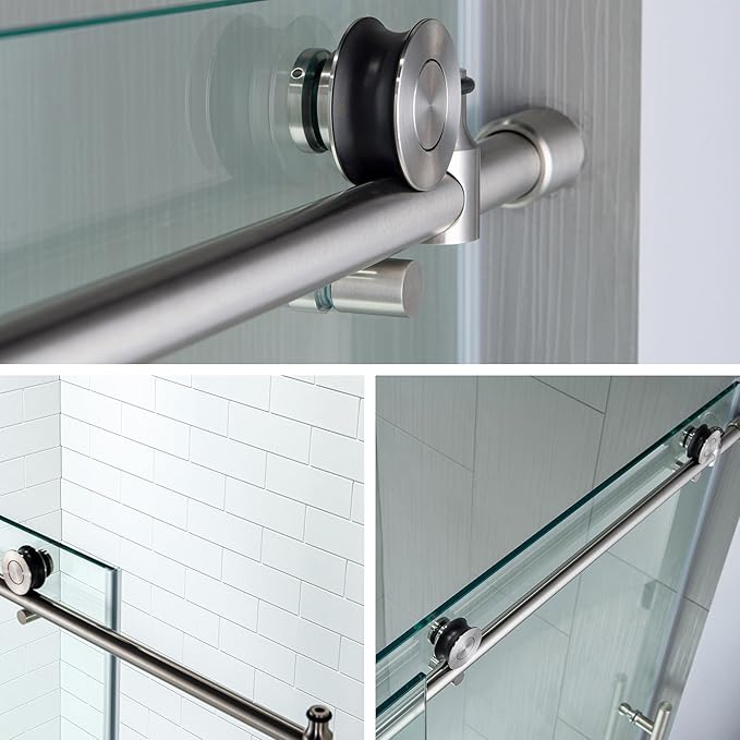 WOODBRIDGE 44-48"Wx76"H Frameless Shower Door,3/8(10mm)Clear Tempered Glass with Explosion-Proof Film, Brushed Nickel Finish with Smooth Closing Design