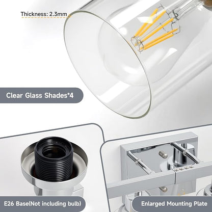 4-Light Chrome Vanity Lights,24" Bathroom Light Fixtures | Modern Polished Chrome Bathroom Lighting over Mirror with Clear Glass Shades,Farmhouse Bathroom Wall Sconece over Sink,E26