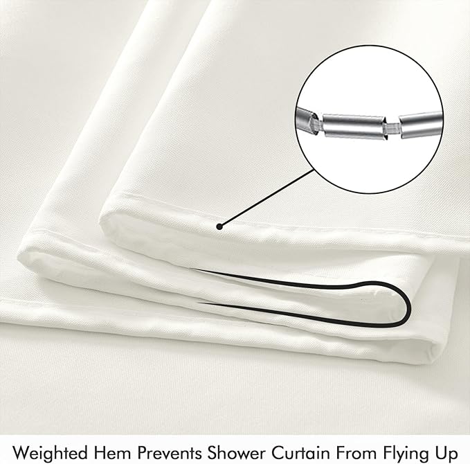 ANRODUO White Linen Textured Fabric Shower Curtain Set - W60xL72 | Farmhouse Shower Curtain with 10 Metal Hooks, Waterproof Heavy Duty, Button Hole Design, Machine Washable for Bathroom
