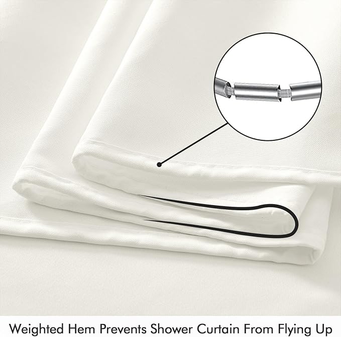 ANRODUO White Linen Textured Fabric Shower Curtain Set - W70xL72 | Farmhouse Shower Curtain with 12 Metal Hooks, Waterproof Heavy Duty, Button Hole Design, Machine Washable for Bathroom