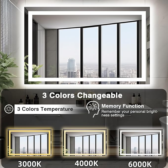 EchosLife 50"x36" Lighted Mirrors for Bathroom Wall | Backlit + Front Lit, Anti-Fog, Stepless Dimmable, 3 Colors, Memory, Tempered Glass, UL Listed, Horizontal/Vertical