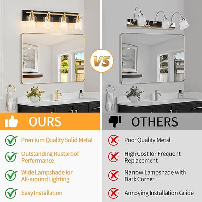 4 Light Modern Bathroom Light Fixtures Over Mirror, Black Gold Vanity Lights for Bathroom Wall Sconces with Clear Glass Shades, E26 Socket (Bulbs Not Included)