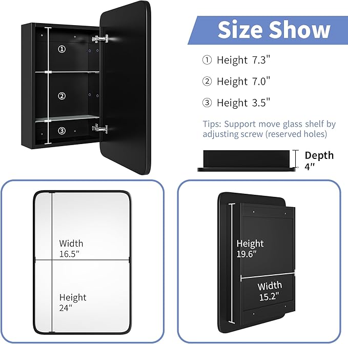 Vintage-Style Bathroom Wood Black Cabinet with 16.5''x24'' Black Metal Frame Curved Mirror, Recessed Medicine Cabinet, in Wall or Surface Mount Bathroom Storage Cabinet
