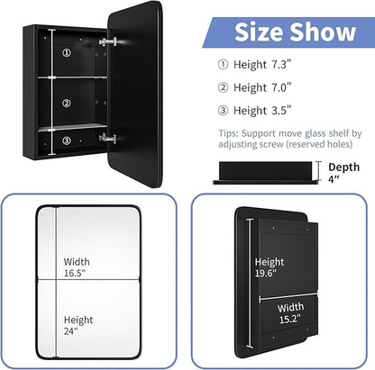 Vintage-Style Bathroom Wood Black Cabinet with 16.5''x24'' Black Metal Frame Curved Mirror, Recessed Medicine Cabinet, in Wall or Surface Mount Bathroom Storage Cabinet