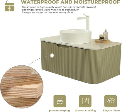LKTART 24 Inch Green Floating Bathroom Vanity with Sink, Modern Wall Mounted Bathroom Storage Cabinet with Drawer, Round White Ceramic Sink Top and Marble Texture Top
