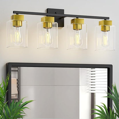 Espird 4 Light Bathroom Vanity Light - Black and Brushed Gold Bathroom Light Fixtures UL Certification, Square Light Fixture Over Mirror, Farmhouse Light Fixtures for Bathroom & Bedroom