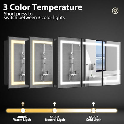 ROOMTEC 60 x 32 Inch Medicine Cabinet Mirror with LED Lights, Black Bathroom Medicine Cabinet with Mirror and Storage, Recessed or Wall Mount, 3 Color Temperature, Dimmable Light