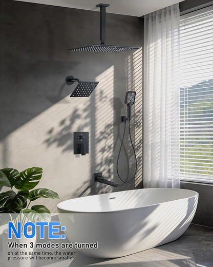 Woindo 4 Function Shower Faucet Set 12" Rain Shower Head/6'' Side Shower Head and 3 Setting Handheld Ceiling Mount Push Button Diverter Complete Rainfall Round Shower System Included Valve Trim Kit