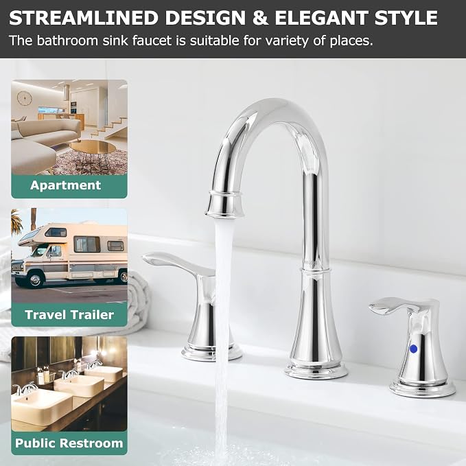 Chrome Widespread Bathroom Sink Faucet 8 Inch for Vanity | with All Metal Pop Up Drain, High Arc 2 Handle Lead-Free Deck Mount Bathroom Faucet for 3 Hole Lavatory Utility Sink