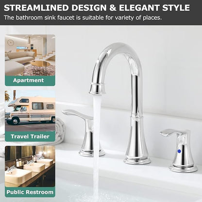 Chrome Widespread Bathroom Sink Faucet 8 Inch for Vanity | with All Metal Pop Up Drain, High Arc 2 Handle Lead-Free Deck Mount Bathroom Faucet for 3 Hole Lavatory Utility Sink