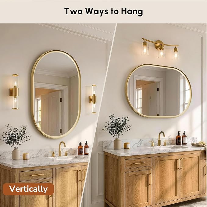 Brushed Gold Pill Oval Mirror for Bathroom 24x36 Inch | Small Vanity Mirror, Crystal-Clear HD Glass, Rust-Proof Aluminum Frame, Inner-Curved Decor for Bedroom, Entryway Renovation