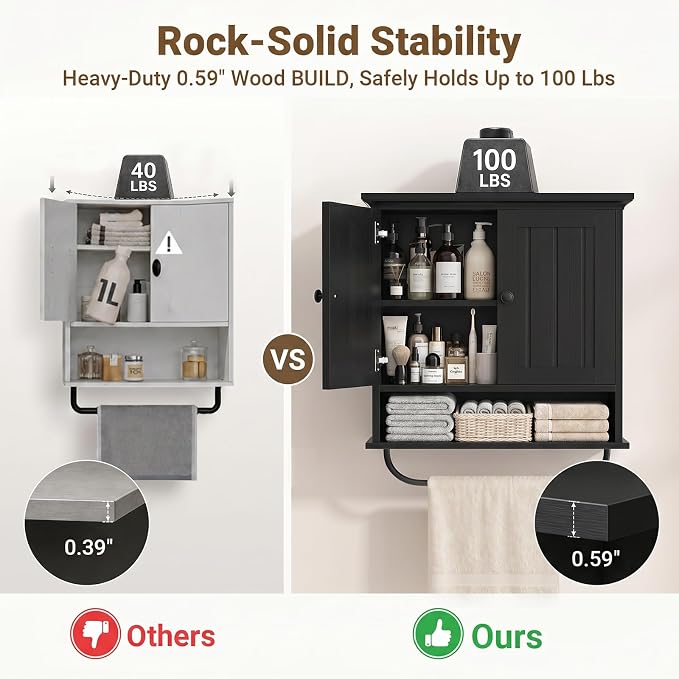 Besiost Farmhouse Bathroom Wall Medicine Cabinet with Removable Towel Bar | Over Toilet Storage Organizer, 7.9" Slim Profile, 100 Lbs Capacity, Adjustable Shelf, Soft Close Hinges Door, Black