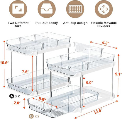 Delamu 2-Tier Multi-Purpose Bathroom Under Sink Organizers and Storage, Stackable Kitchen Pantry Organization, Pull Out Medicine Cabinet Organizer with Movable Dividers, Blue, 4 Pack