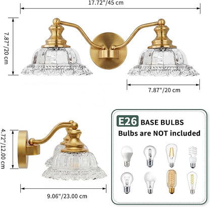 2 Lights Bathroom Vanity Light Fixtures, Vintage Brass Vanity Lights for Bathroom, Farmhouse Antique Light Fixtures Over Mirror with Crystal Glass Shade