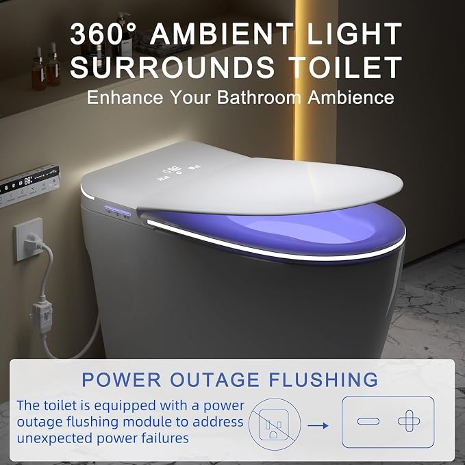 Luxury Smart Toilet with Foam Shield Auto-Open/Close Lid | Heated Seat for Bathrooms, Multiple Cleaning Modes,Aromatic Spray,Air Purification,Foot Sensor