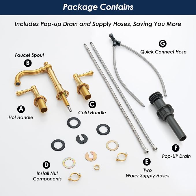 Brushed Gold Bathroom Sink Faucet 8 Inch Widespread 3 Holes | Includes Plastic Pop-Up Drain & Two 23.6" Supply Lines, Classical 8 In Spread Lavatory Bath Vanity Sink Faucets, Brass Spout