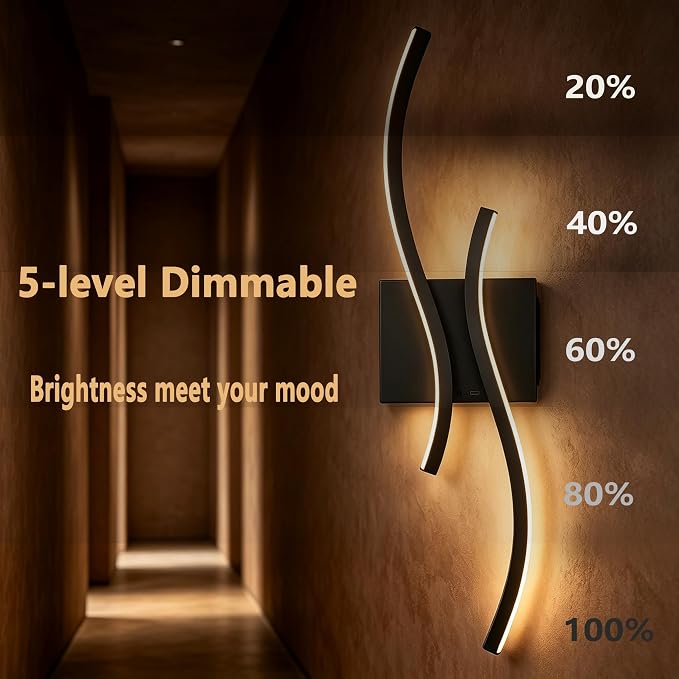 Battery Operated USB Rechargeable Wall Sconce, Black Dimmable LED | Wireless Wall Light with Remote Control, 10000mAh, 3000K-6000K, Minimalist, For Bedroom Hallway Background Staircase, 1 Pack