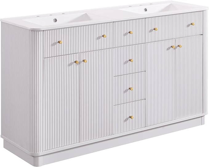 T4TREAM 60 Inch Bathroom Vanity with Sink, Modern Fluted Large Double Sink Bathroom Vanity with 2 Storage Cabinets, Adjustable Shelf, and 3 Small Drawers, Solid White